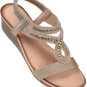 Wedge Sandals Women Faux Leather 8 Casual Dressy Open Toe Rhinestone